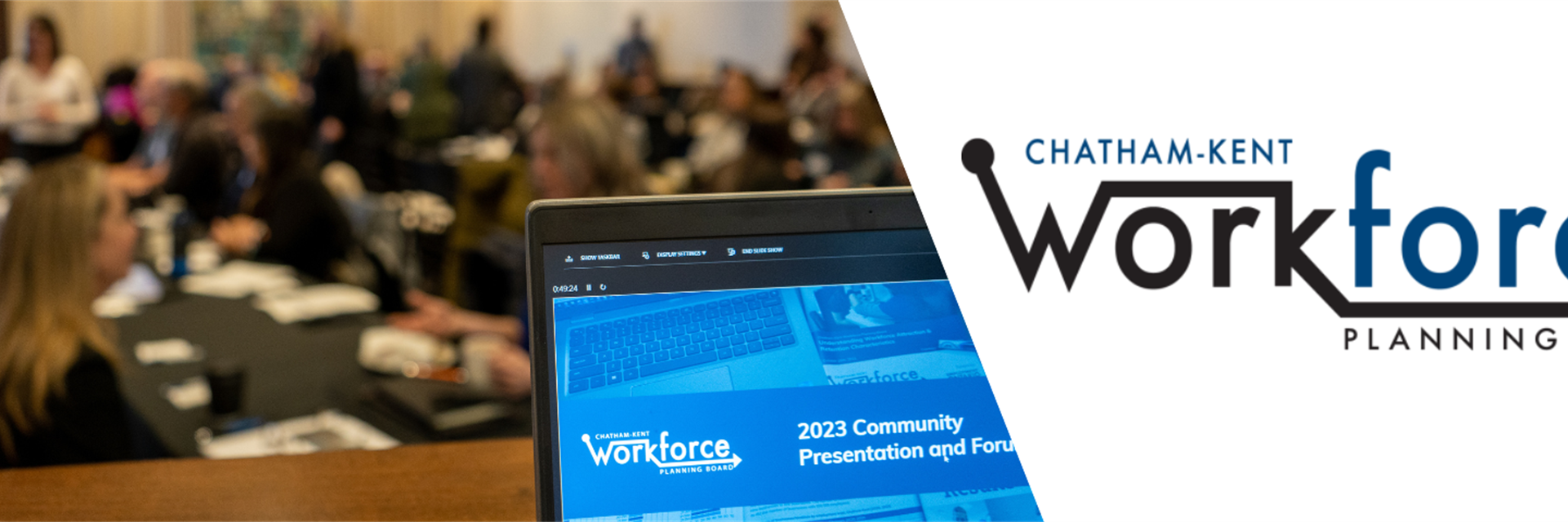 CKWPB logo beside an image of a laptop presentation and a crowded room.