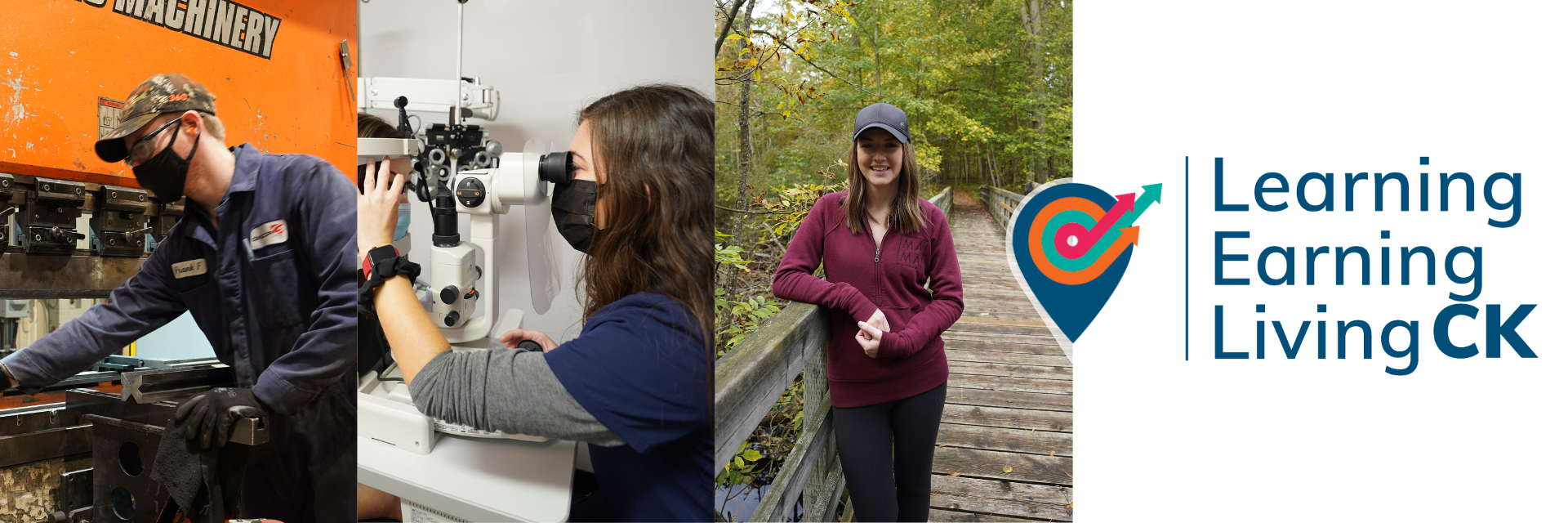 Learning, Earning, and LivingCK logo with three images  of people  to the left.